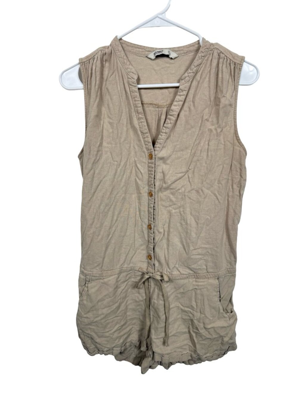 Old Navy Linen Blend Romper Womens Medium Khaki Tan Pockets Relaxed Drawstring